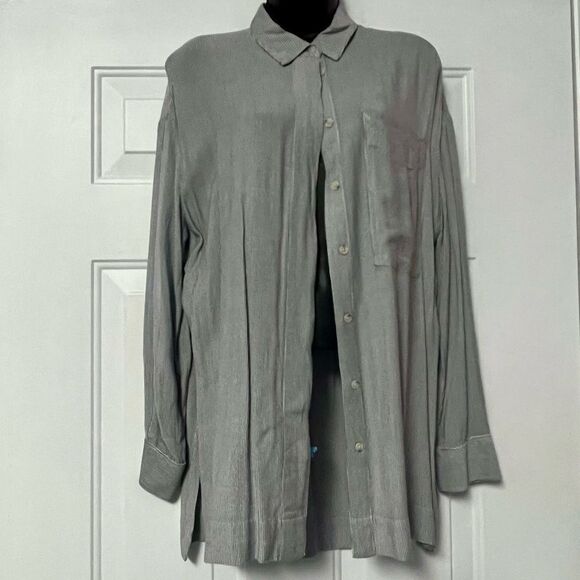 Urban Outfitters BDG Navy White Stripe Button Up Long Sleeve Split Hem Tunic M - Picture 1 of 12